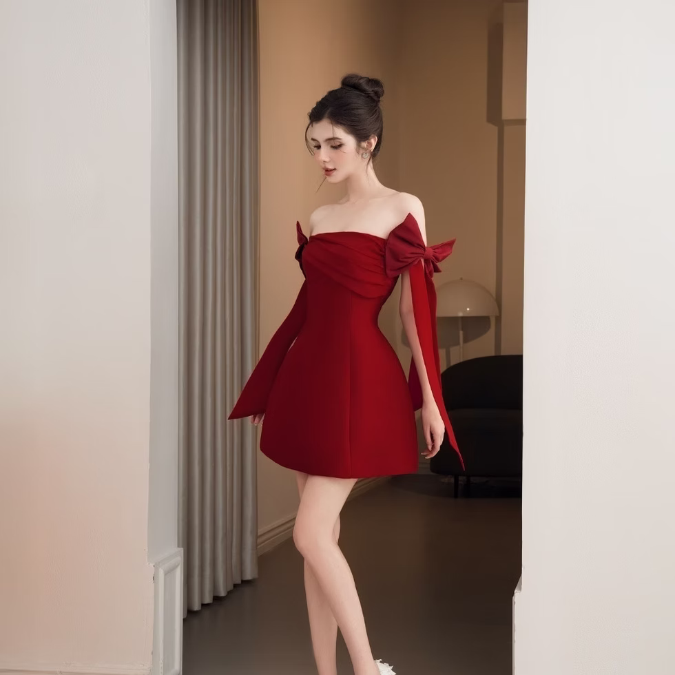 Emus Dress red off shoulder flare mini, party, brunch, feminine, elegant style for confident everyday moments.