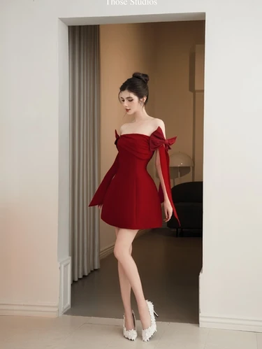 strapless open back dress Berylove Women Red Midi Dress Short Sleeve Round Neck Bodycon Work Dress, Red / US26W main image 0