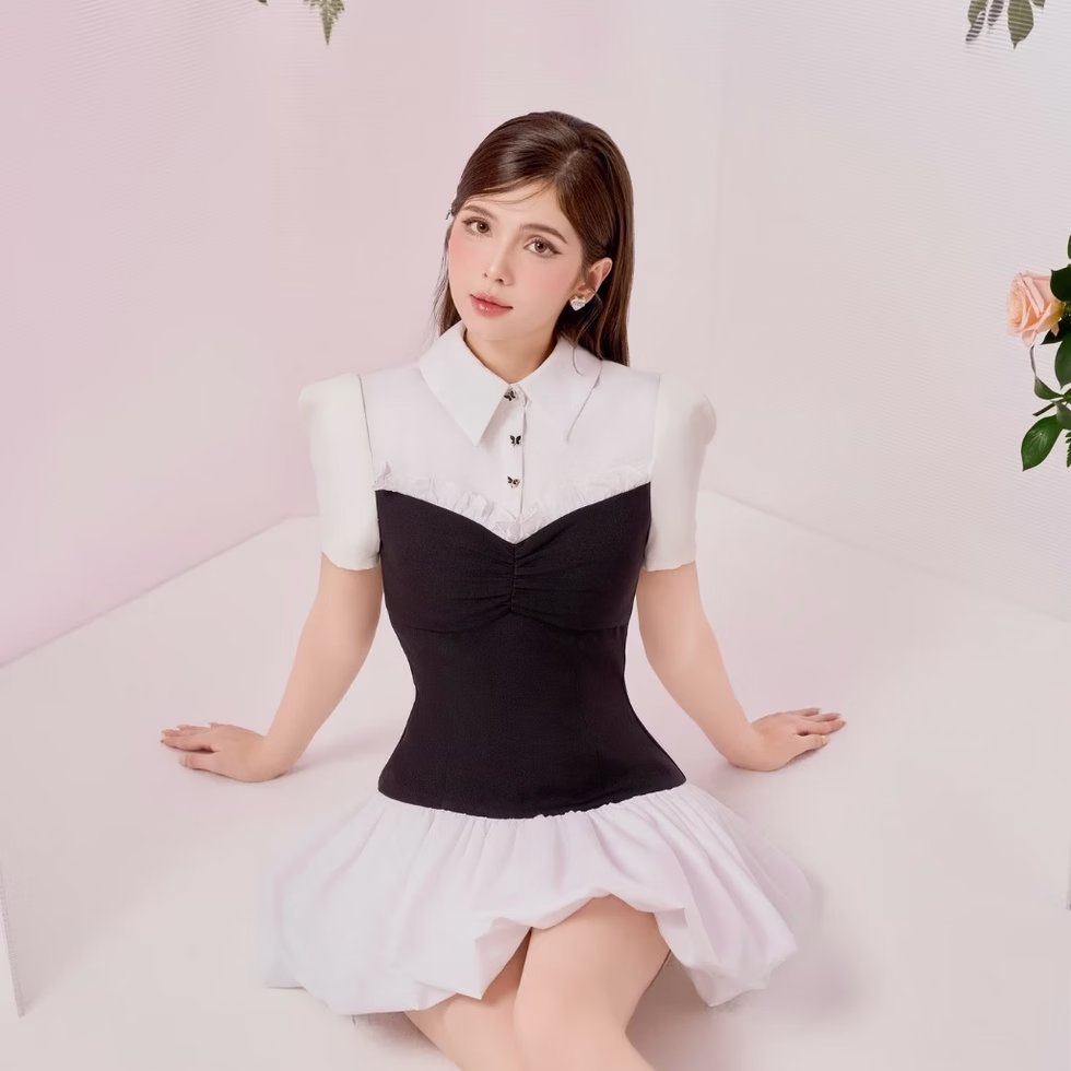 Ceri Dress by Those Studios: Two-tone black white dress with buttoned shirt collar, puff sleeves, flattering fit
