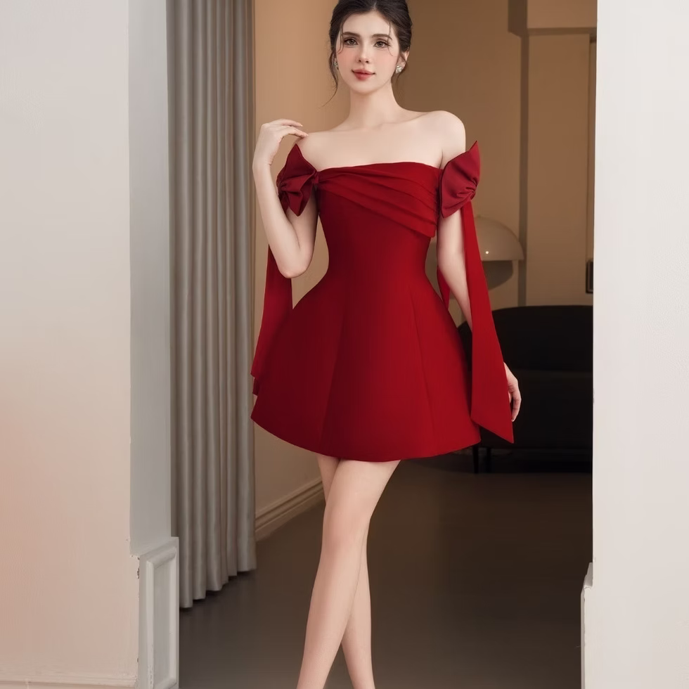 Emus Dress red off shoulder flare mini, party, brunch, feminine, elegant style for confident everyday moments.