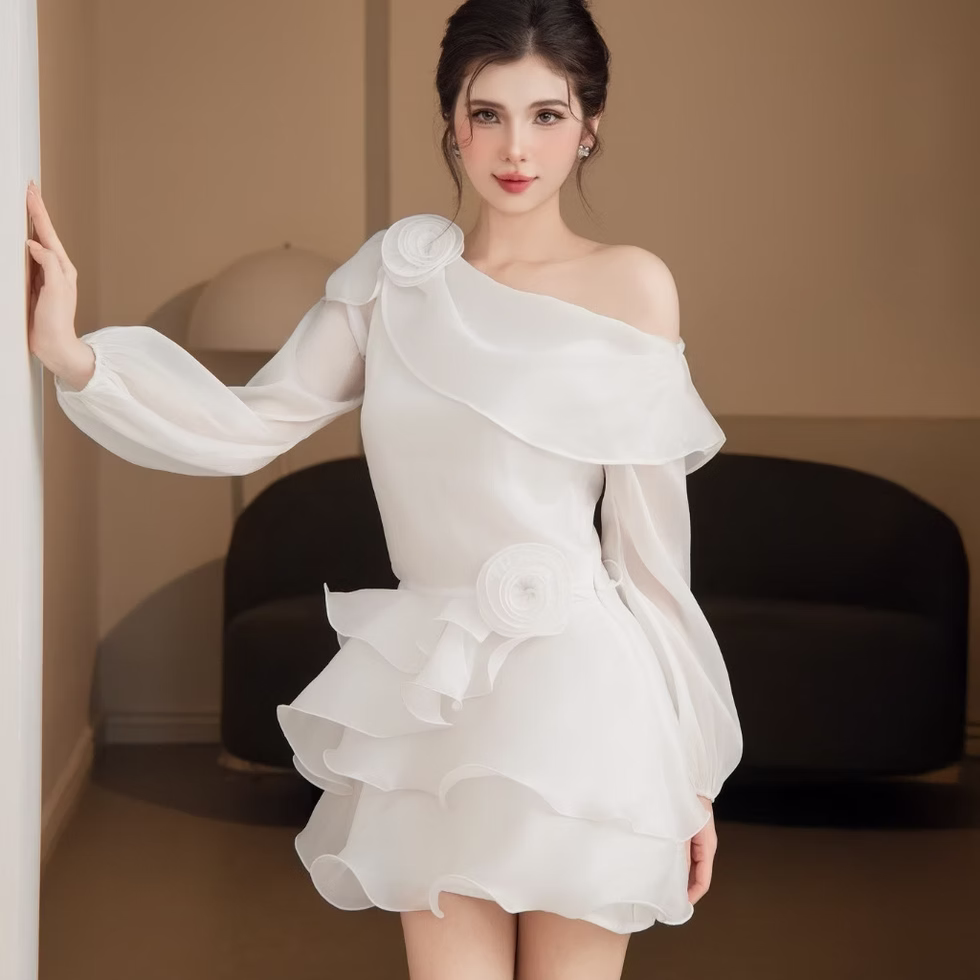 Velora Dress: White Off-Shoulder Long Sleeve Tiered Dress with Floral Waist