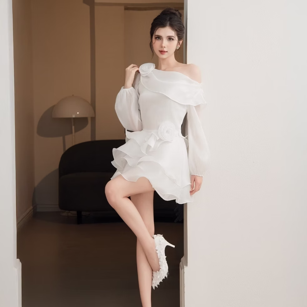 Velora Dress: White Off-Shoulder Long Sleeve Tiered Dress with Floral Waist