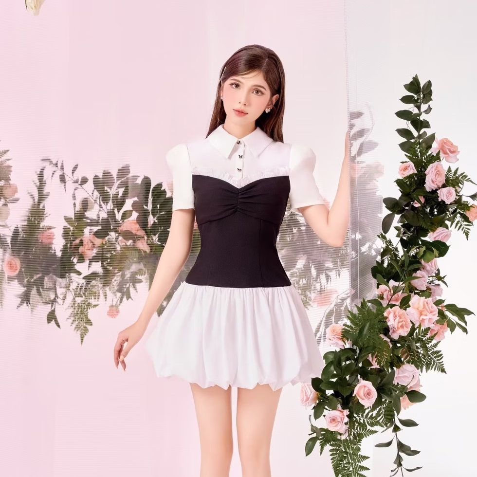 Ceri Dress by Those Studios: Two-tone black white dress with buttoned shirt collar, puff sleeves, flattering fit