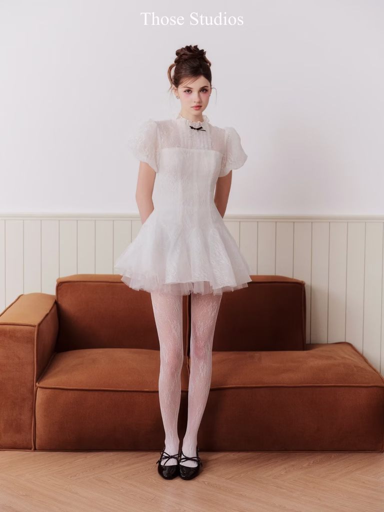 Tessa Dress with puff sleeves and high neck in soft mesh, ideal for dates, picnics, or casual garden parties.
