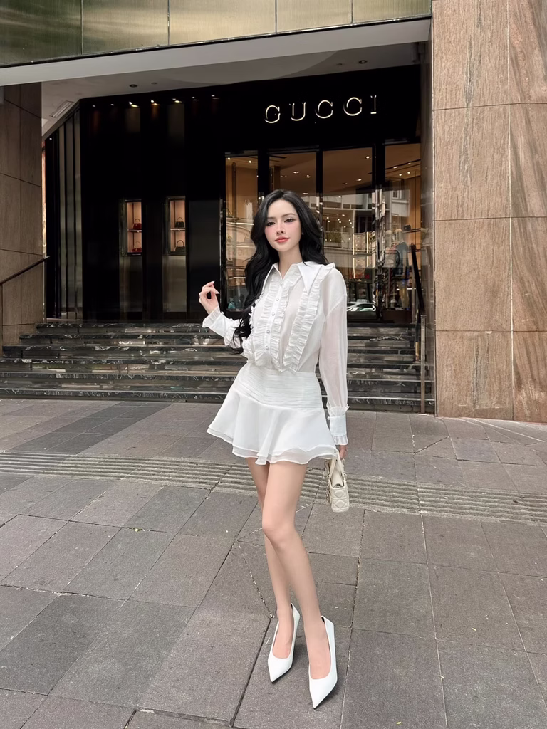 Lani Dress white flare dress by Those Studios, long sleeves, collared, elegant, cute, for parties, dates, brunch.