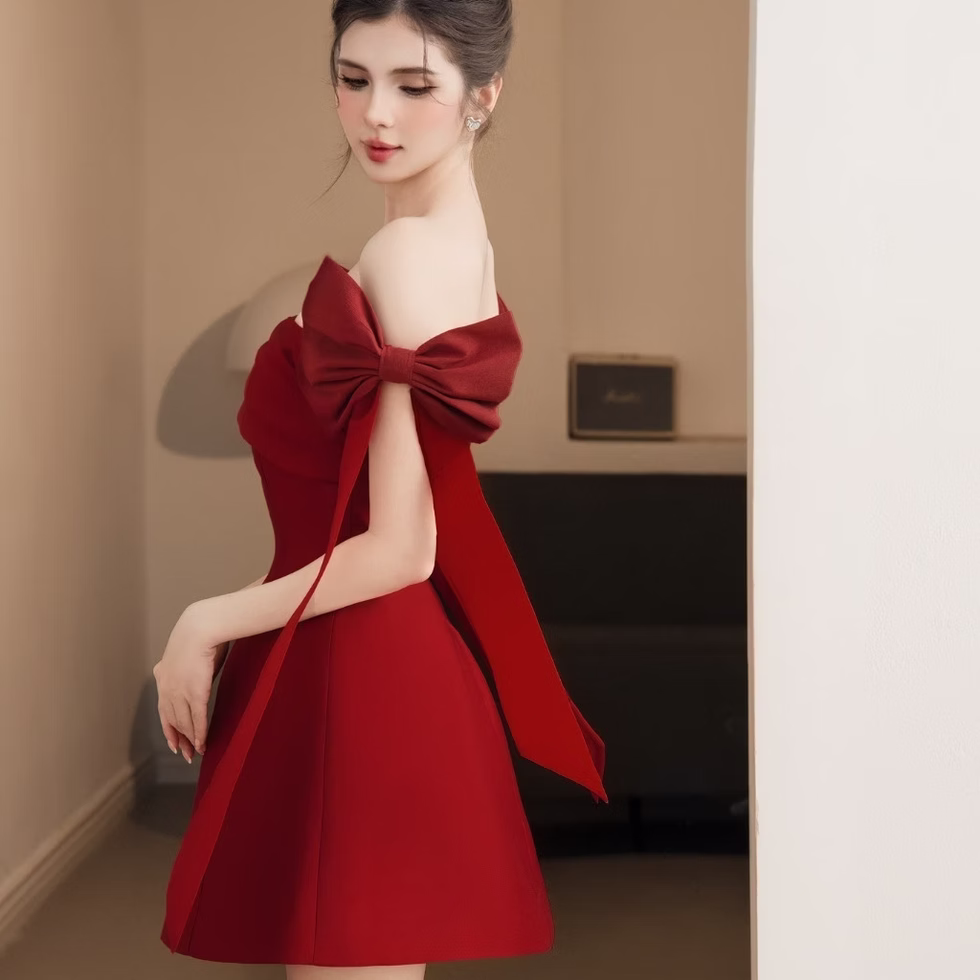 Emus Dress red off shoulder flare mini, party, brunch, feminine, elegant style for confident everyday moments.