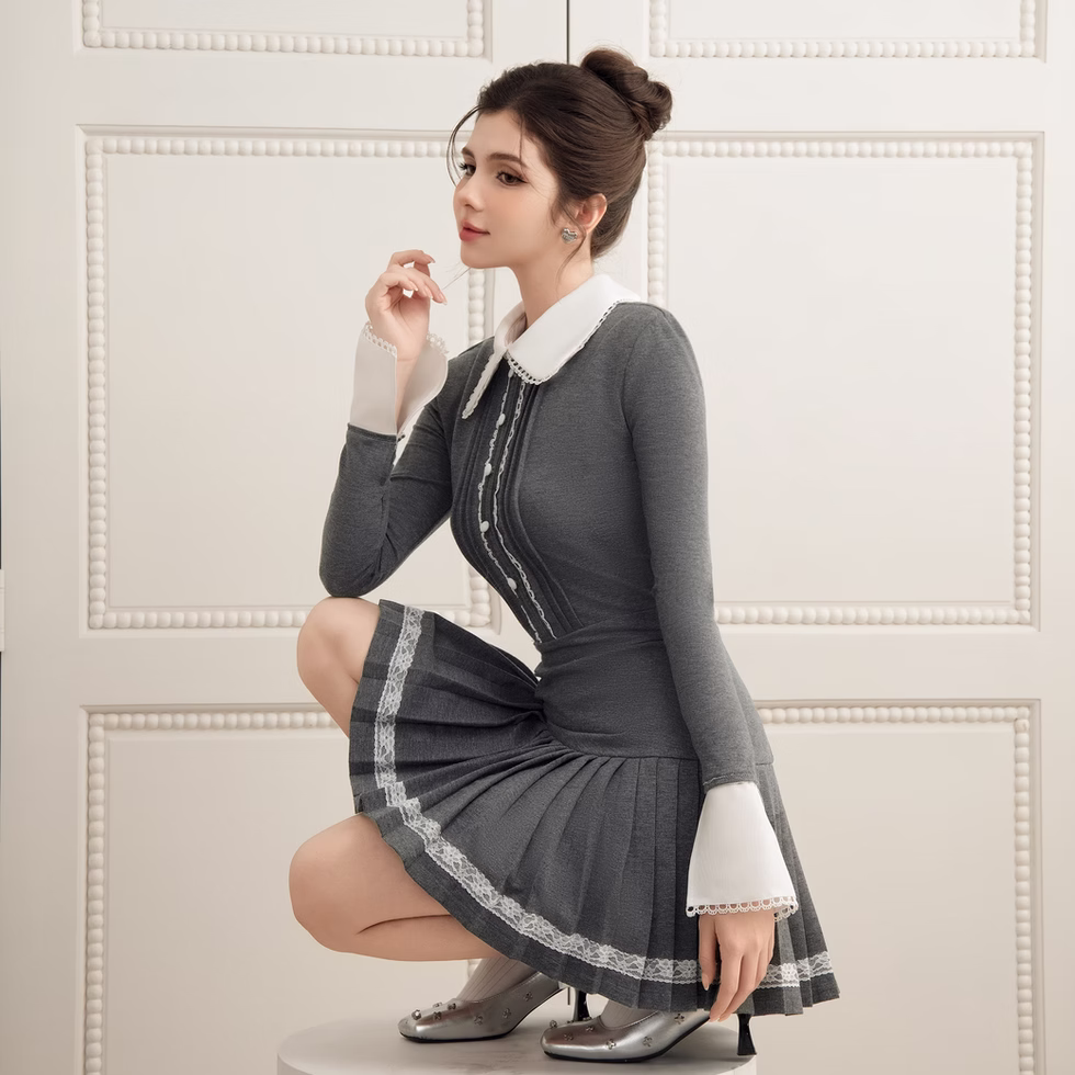 Grey pleated long sleeve Kane Dress by Those Studios, soft girl elegance with a modern feminine twist.