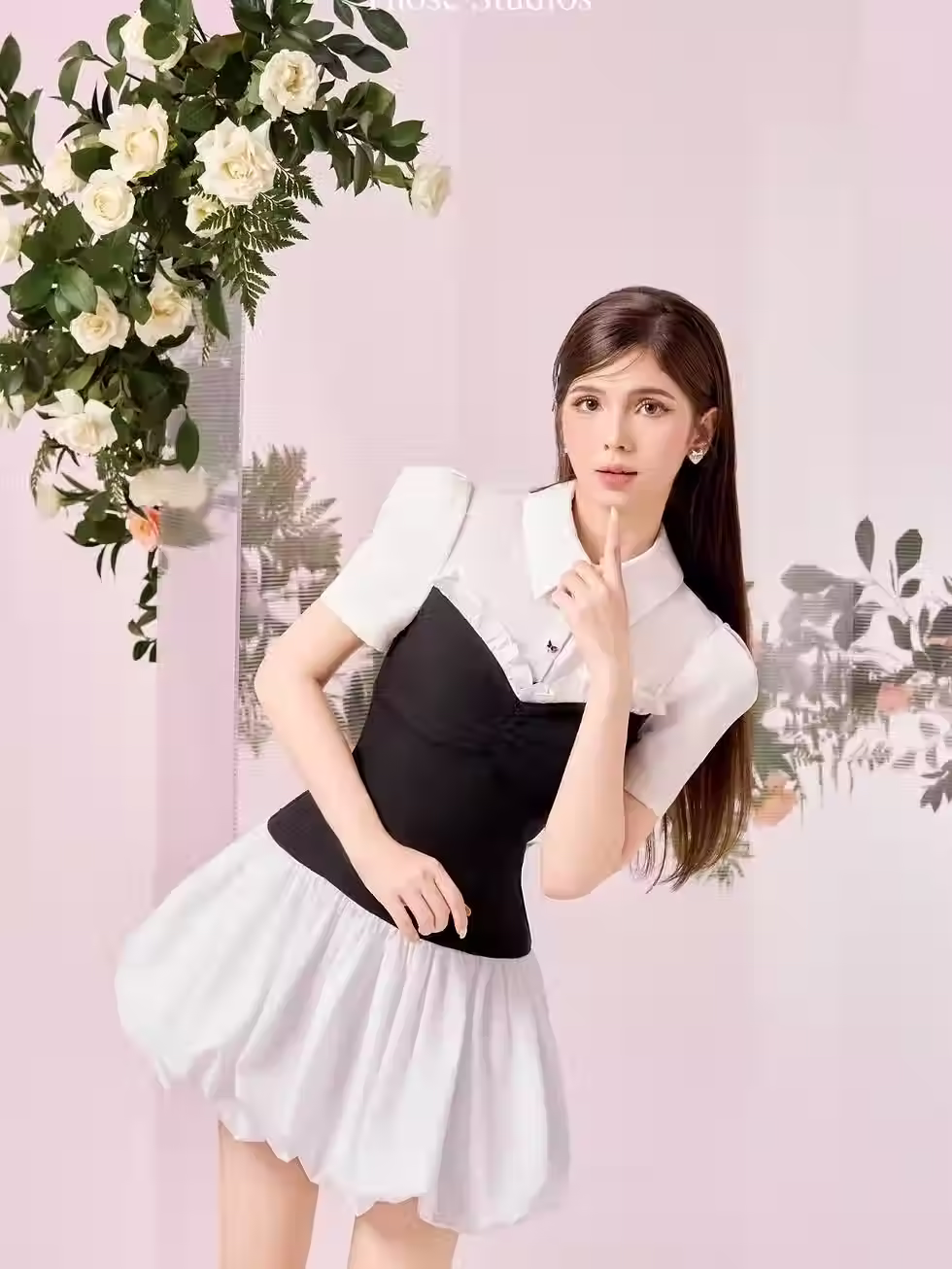 Ceri Dress by Those Studios: Two-tone black white dress with buttoned shirt collar, puff sleeves, flattering fit