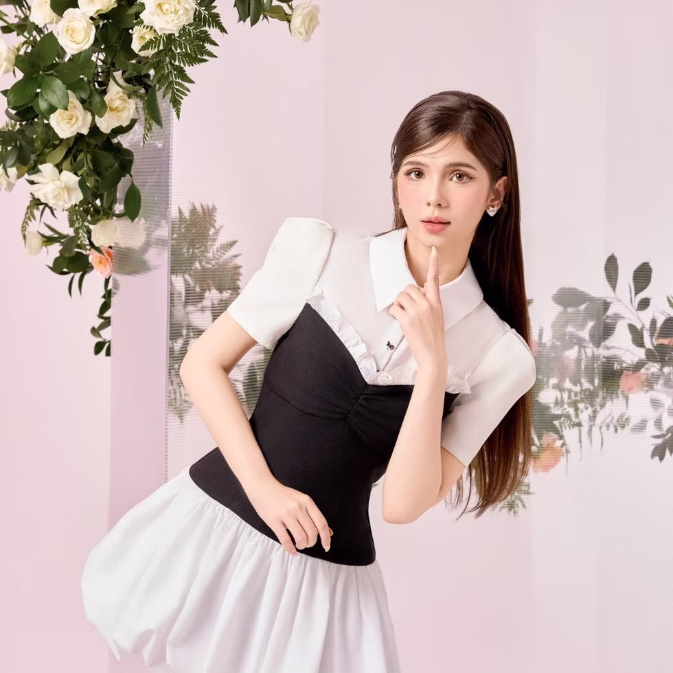 Ceri Dress by Those Studios: Two-tone black white dress with buttoned shirt collar, puff sleeves, flattering fit