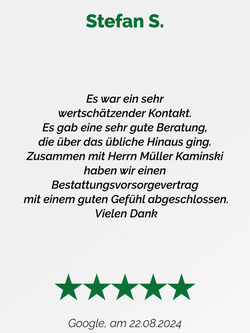 Bewertung von Stefan S.. Veröffentlicht am 22. August 2024 auf Google. Fünf Sterne