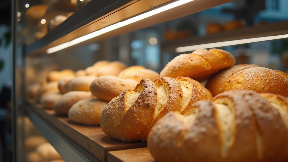 Close-up view of a self-serve bakery display with various breads and pastries