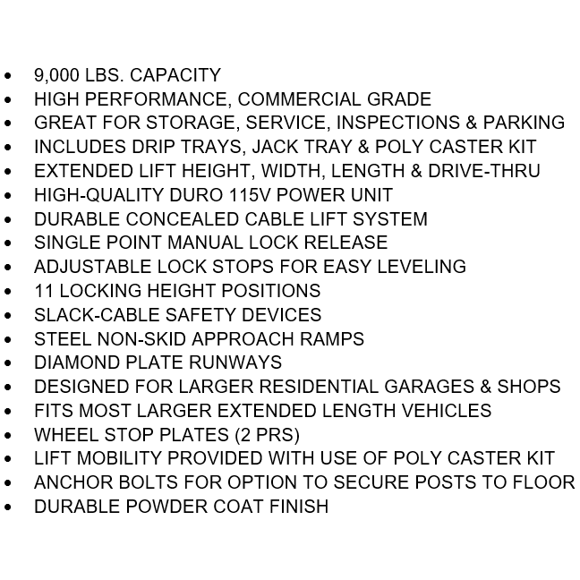 Thumbnail: Tuxedo FP9K-DX-XLT 9,000 lb Deluxe Storage Lift Extended Length / Height -...