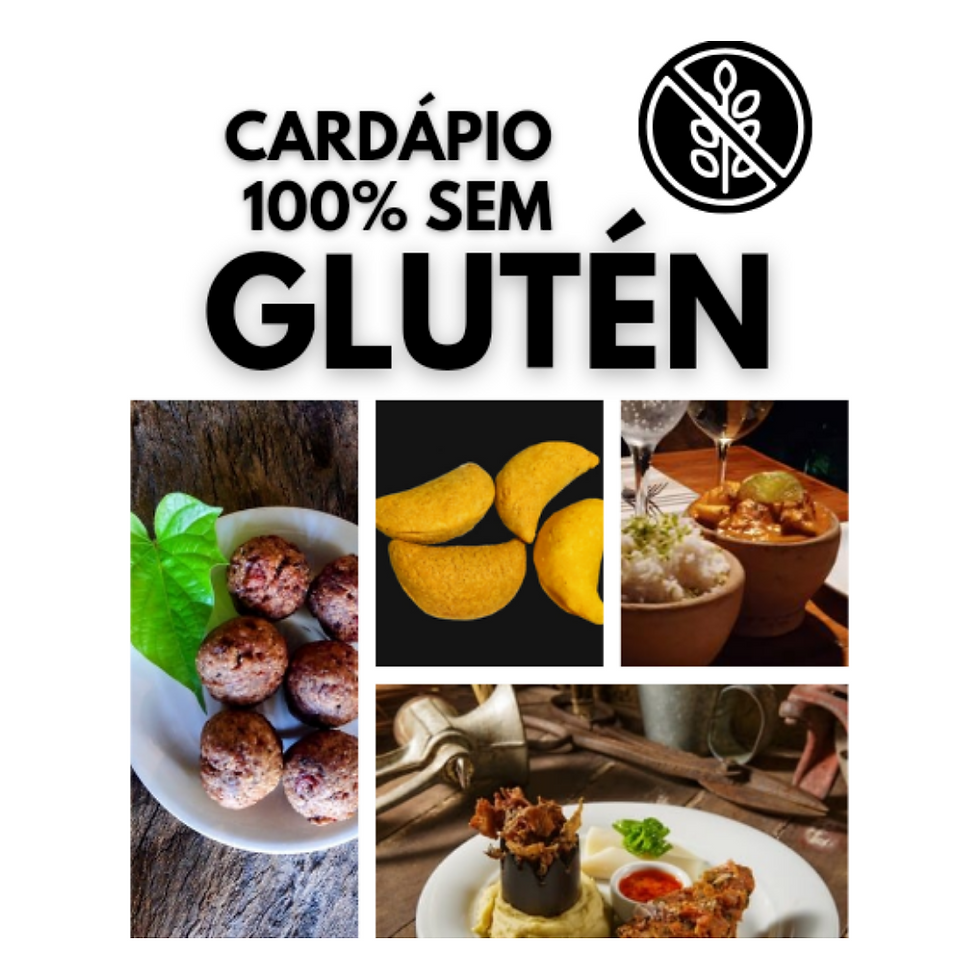 Imagem promocional de um cardápio 100% sem glúten. No topo, está escrito 'Cardápio 100% Sem Glúten' com um ícone que indica a ausência de glúten. Abaixo, há quatro fotos de pratos: bolinhos marrons com folhas verdes, pastéis dourados, um prato com arroz e acompanhamento em uma tigela, e um prato elaborado com carne e purê de batatas, decorado com ervas e servido com molho.