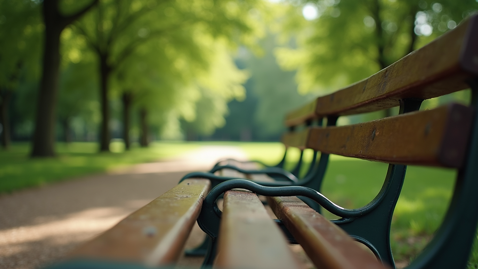Eye-level view of a peaceful park bench surrounded by green trees