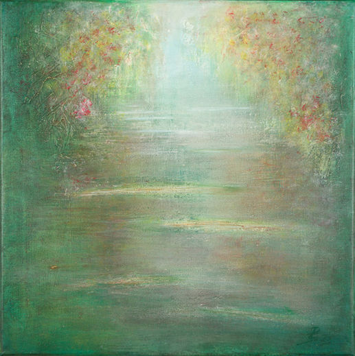 Abstrakte Teichlandschaft, mystisch, Acrylgemälde auf Leinwand assoziationsoffen farbintensiv