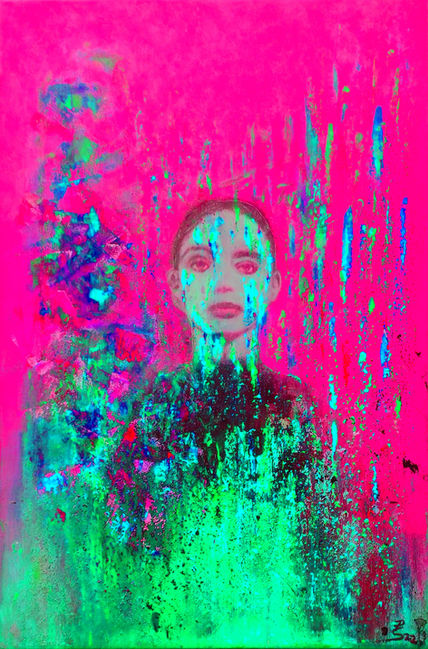 Abstraktes Gemälde in Acryl Mixed Media mit surrealer Großstadtsituation