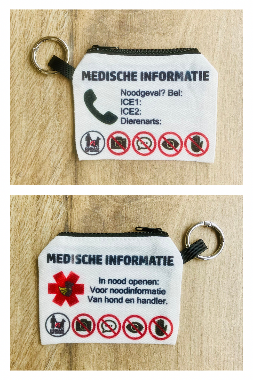 Thumbnail: Achterzijde van medisch informatietasje voor hulphond en handler.