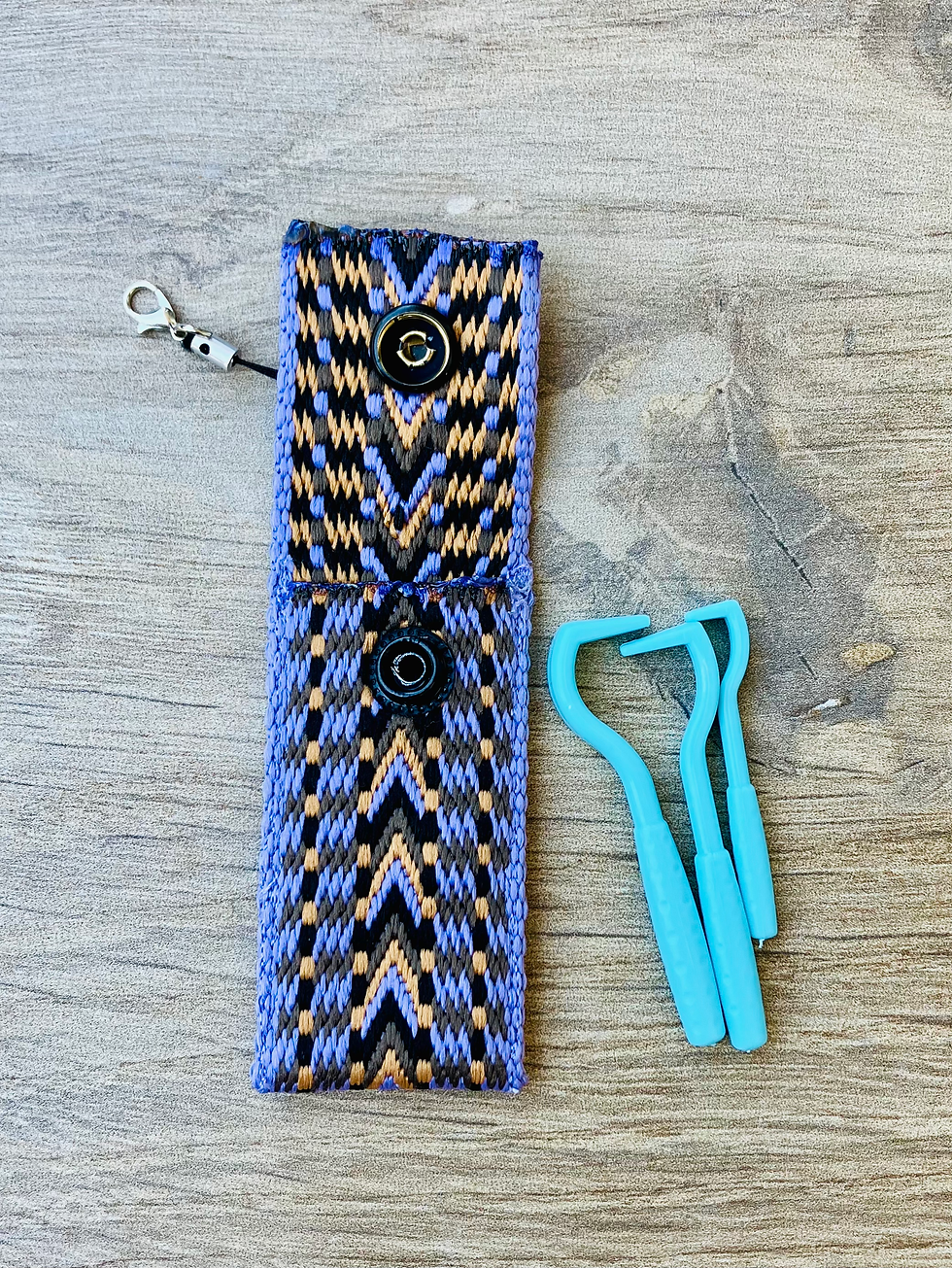 Thumbnail: Blue variant holding tick removers in pockets, with carabiner attached.