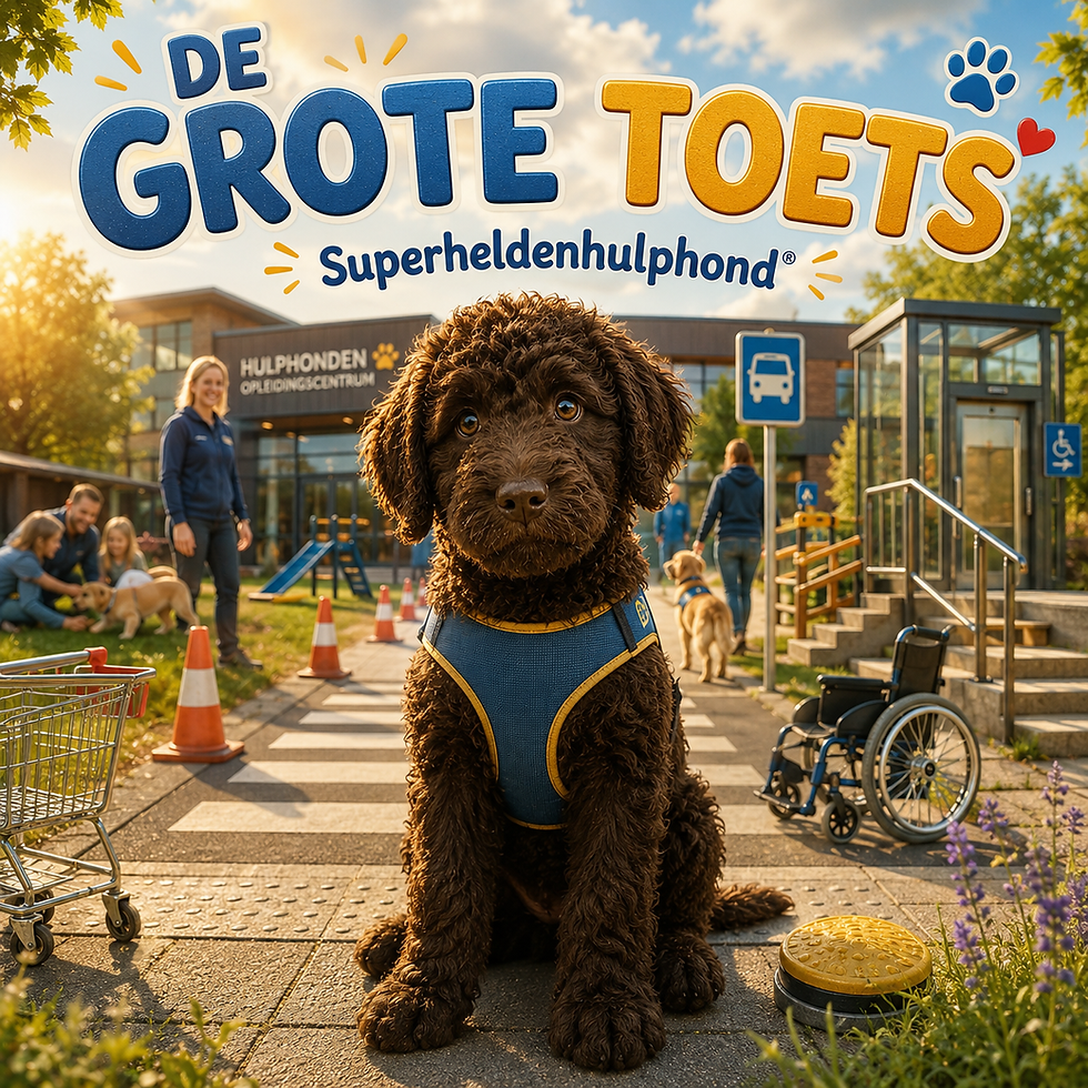 cover van De grote toets met een jonge hulphond in hesje bij een oversteekplaats met verschillende afleidingen.
