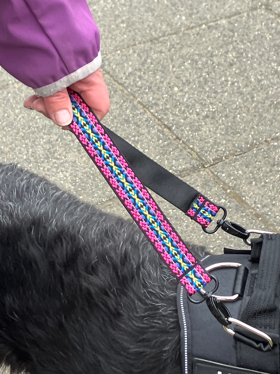 Thumbnail: Stevige hondenaccessoire van zwart band met metalen musketons en kleurrijk geweven patroon in geel/roze/blauw/glitter