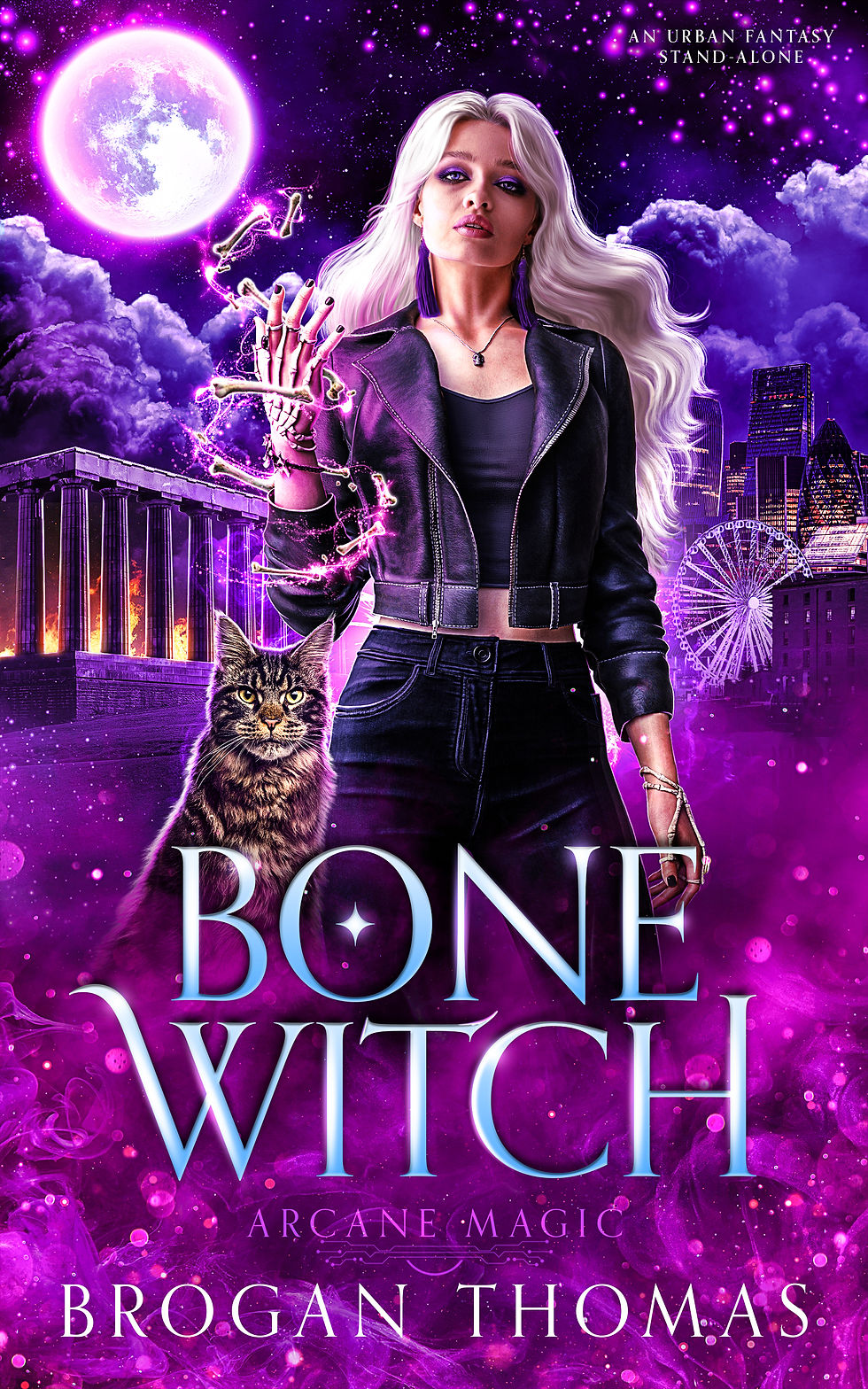Cover of Bone Witch by Brogan Thomas, featuring a silver-haired woman dressed in black bes