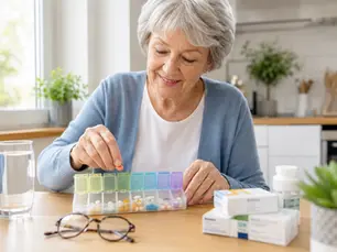 Une femme senior souriante prépare son pilulier hebdomadaire dans une cuisine lumineuse. Les médicaments sont soigneusement rangés dans les compartiments correspondant aux différents moments de la journée. L'ambiance est rassurante et met en avant l'autonomie et la prévention santé.