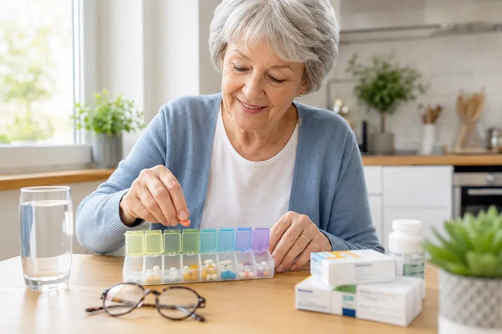 Une femme senior souriante prépare son pilulier hebdomadaire dans une cuisine lumineuse. Les médicaments sont soigneusement rangés dans les compartiments correspondant aux différents moments de la journée. L'ambiance est rassurante et met en avant l'autonomie et la prévention santé.