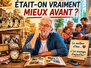 Senior réfléchi assis dans un salon chaleureux, regardant de vieilles photos d’enfance tandis qu’une scène nostalgique d’enfants jouant dans la rue apparaît en arrière-plan, illustrant la question : “Était-on vraiment mieux avant