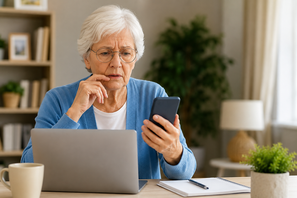 Senior inquiète regardant son téléphone portable à son domicile, assise devant un ordinateur portable, illustrant les risques d’arnaques téléphoniques et internet visant les personnes âgées.