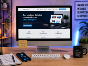 Bureau moderne avec écran affichant un site internet professionnel, ambiance digitale élégante aux lumières bleues et violettes, illustrant la création de site web, le SEO et la visibilité en ligne.