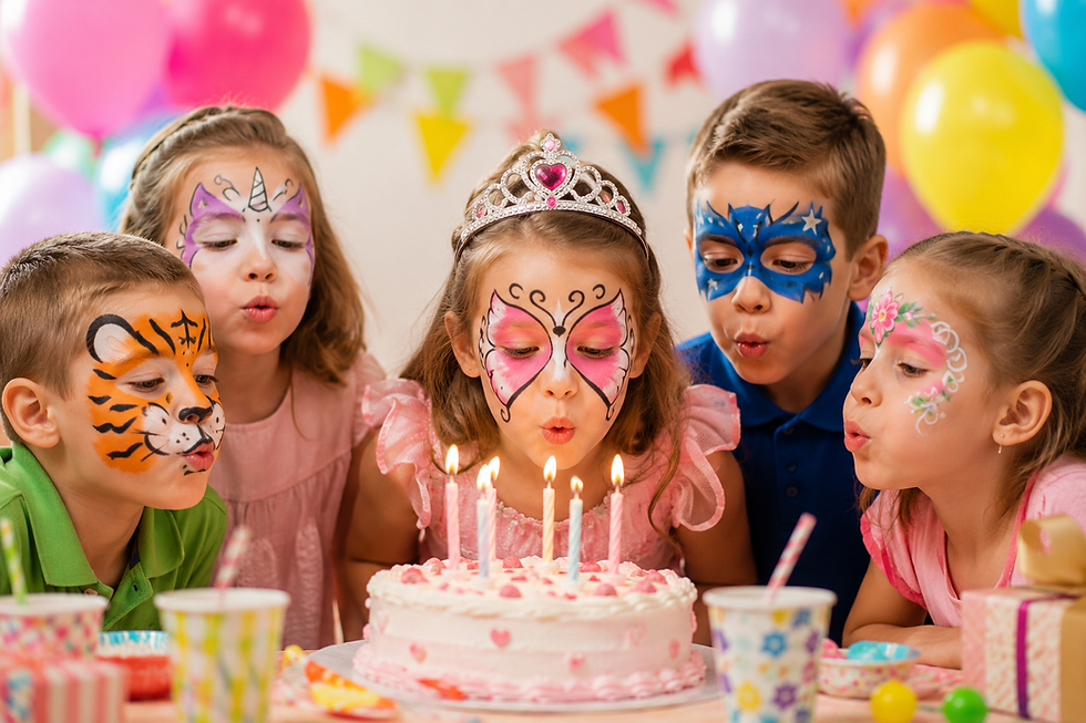 Animation maquillage enfant lors d’un anniversaire à domicile : plusieurs enfants maquillés soufflent les bougies autour du gâteau dans une ambiance joyeuse et festive.
