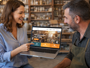une personne est en train de présenter le site internet a un entrepreneur de petite entreprise