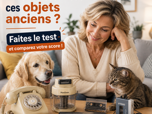 une dame regardant des objets anciens avec son chat et son chien pour faire un test de culture général