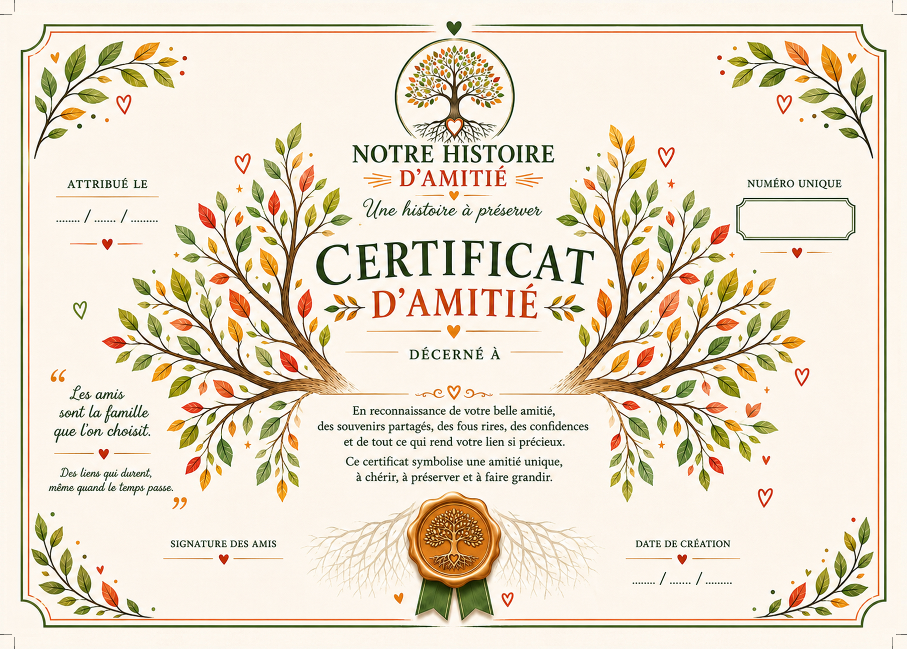 Certificat d’amitié original du coffret