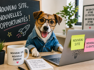 Chien amusant portant des lunettes devant un ordinateur portable dans un bureau moderne, illustrant de façon humoristique la refonte d’un site internet et le développement de nouveaux clients.