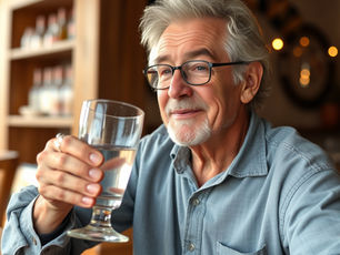 un retraité qui boit un verre d'eau afin d'éviter la déshydratation