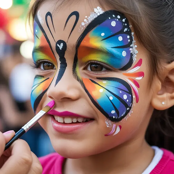 Maquillage enfant papillon multicolore réalisé par une maquilleuse professionnelle à Montpellier lors d’une animation anniversaire enfant