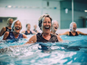 Un groupe de retraitée pratiquant de l'aquagym s'amusent et rigolent