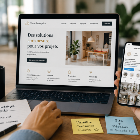 Ordinateur portable affichant un site internet professionnel à côté d’un smartphone sur les réseaux sociaux, illustrant l’importance pour une petite entreprise d’avoir un vrai site web en complément des réseaux sociaux.