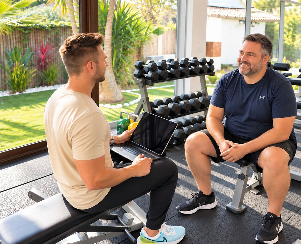 Coach sportif réalisant un bilan personnalisé avec un client dans un studio privé à Pérols, près de Montpellier.