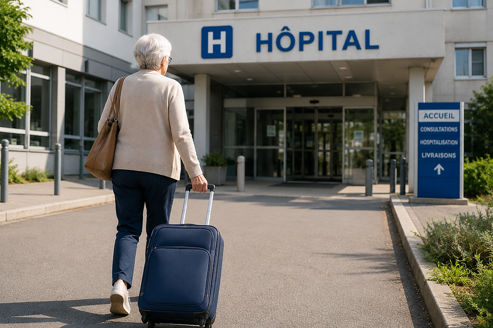 Senior arrivant à l'hôpital avec ses affaires pour préparer son séjour médical.