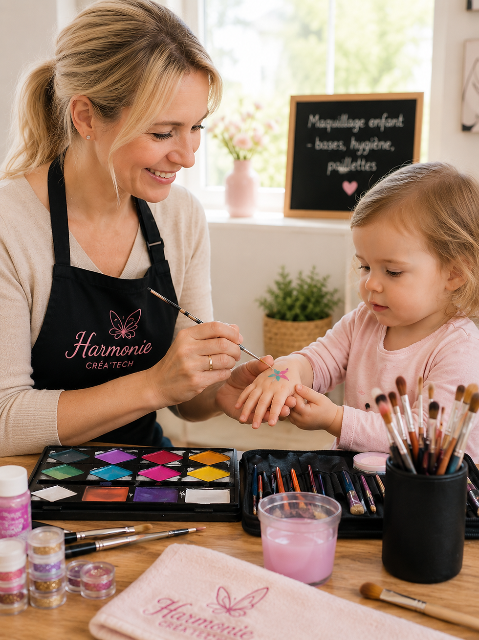 Maquilleuse artistique réalisant un petit motif sur la main d’une jeune enfant