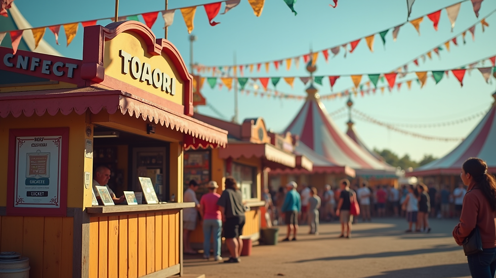 Eye-level view of festival ticket booth with colorful banners
