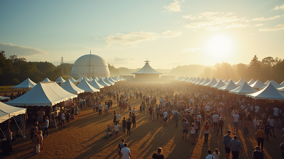 Wide angle view of festival grounds with tents and crowds