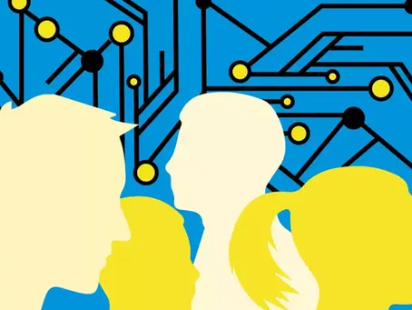 Scherenschnittartige Darstellung von Personen vor dem Hintergrund einer Grafik die an Lötungen auf Computerchips erinnert