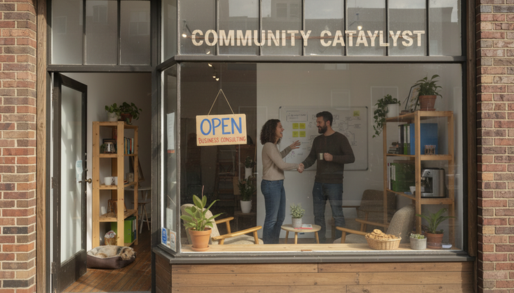 Wide-angle view of a neighborhood storefront with a handwritten open sign in the window