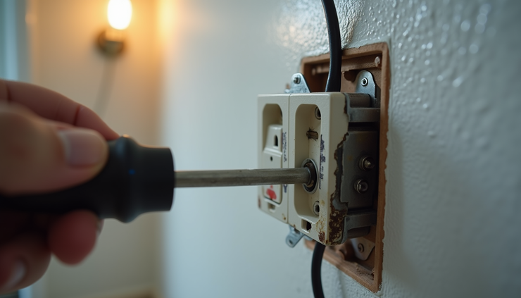 Close-up view of a standard electrical outlet being repaired with tools