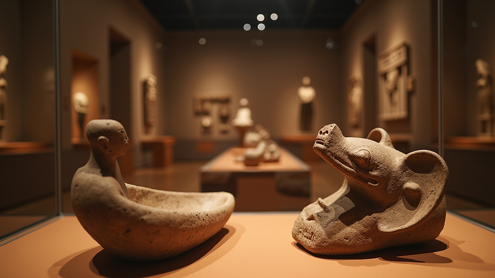 Eye-level view of ancient African artifacts displayed in a museum