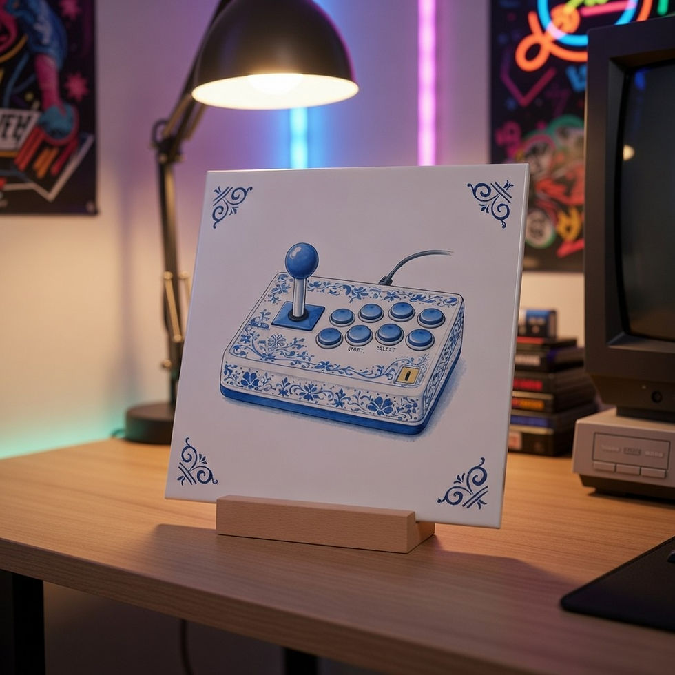 Carreau décoratif joystick arcade rétro style bleu Delft en céramique