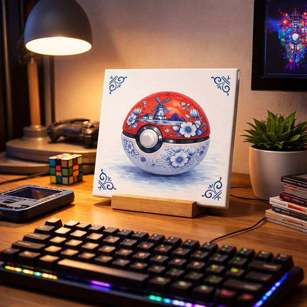 Tableau Poké Ball rouge style bleu Delft – art pop culture imprimé en France – décoration geek